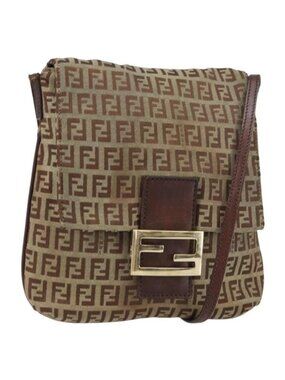 Authentic FENDI Zucchino Canvas Mamma Baguette Shoulder Bag Brown Gold